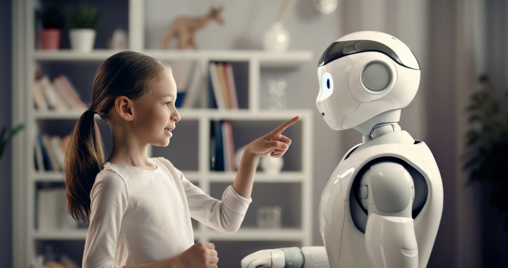 Image of a girl and a robot evoking the too chummy with ChatGPt theme of the article