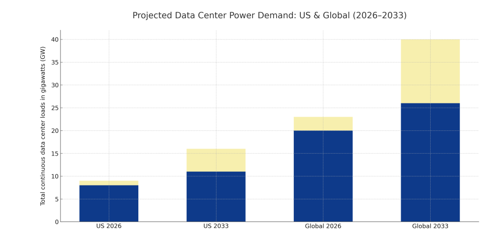 chart of projected 2026 and 2033 data center growth