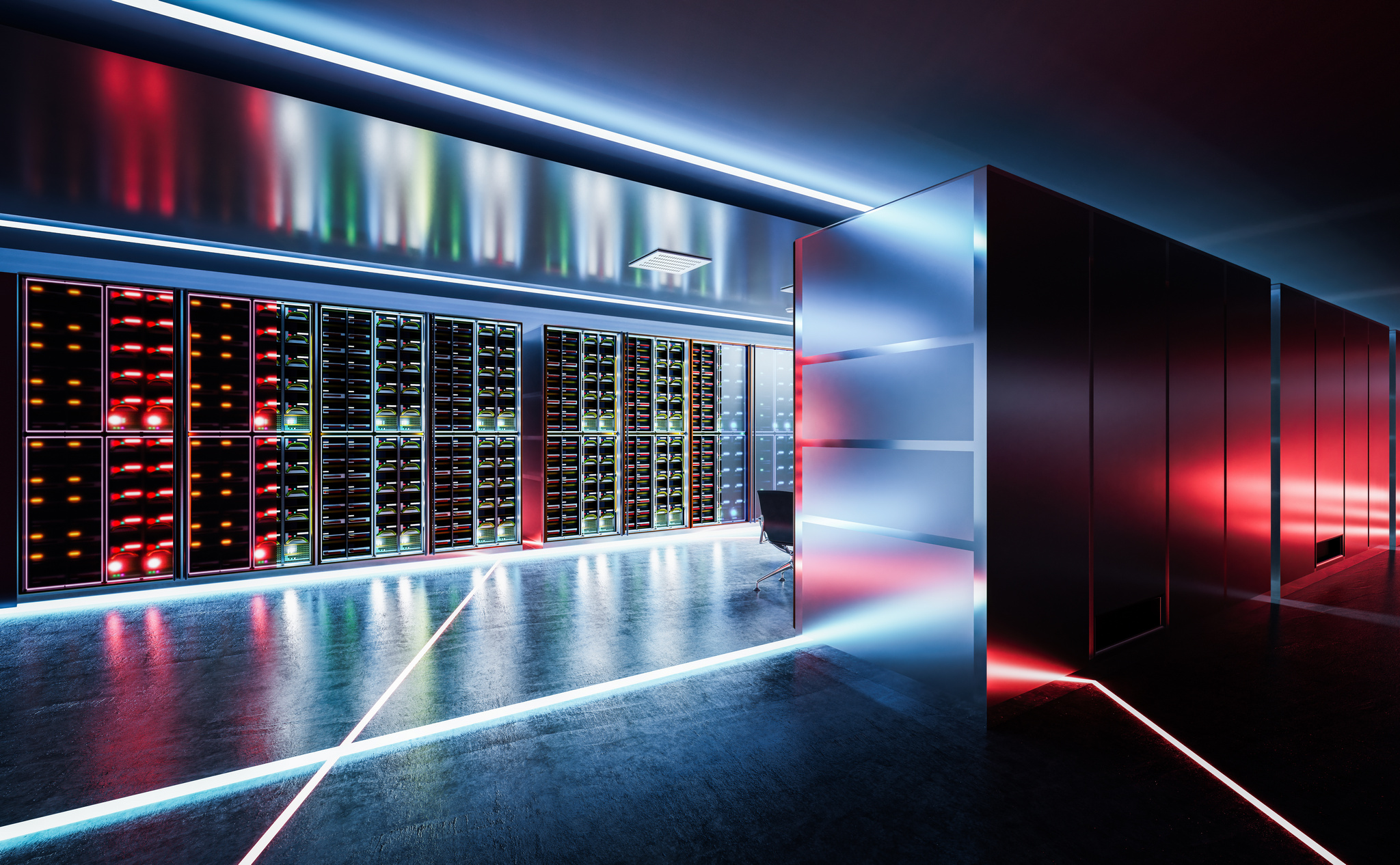 Modern AI data center with rows of server racks housing high-performance computers that power cloud services and artificial intelligence.