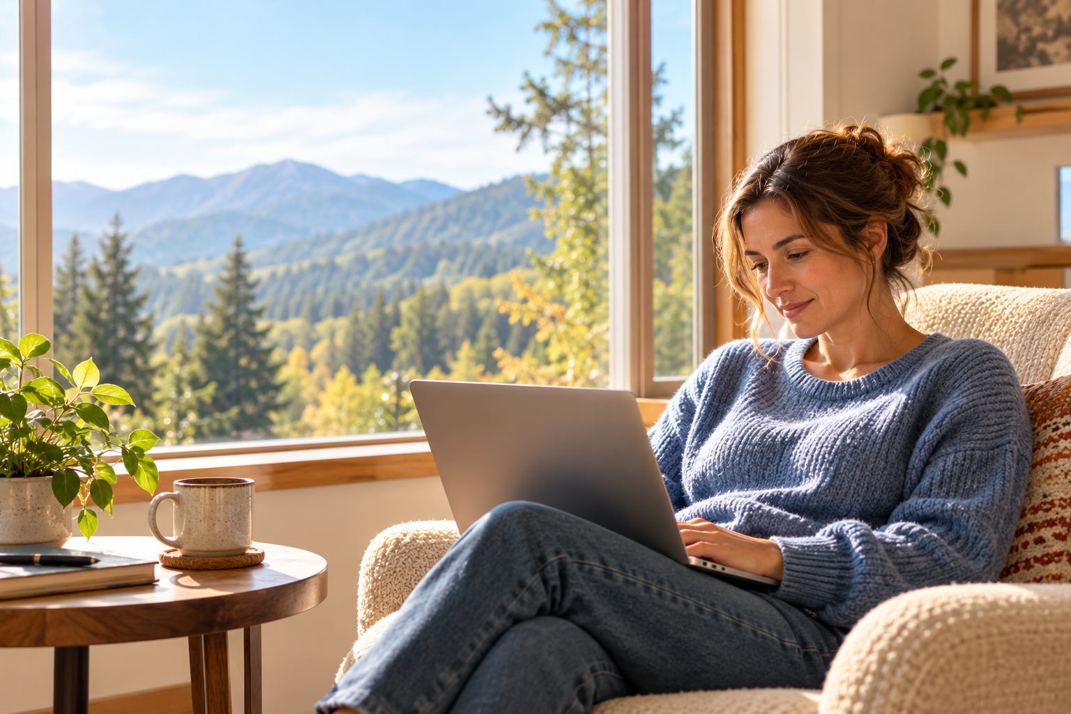woman sitting with a computer by a window looking out on nature