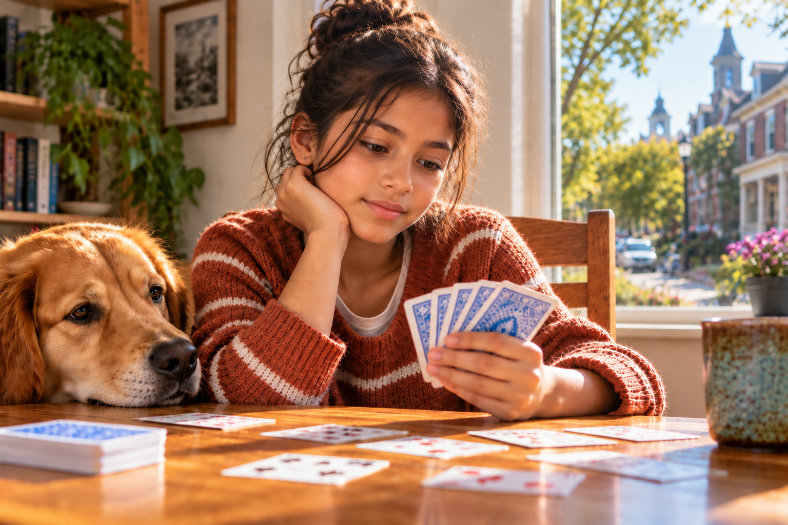 girl playing a card game next to her dog