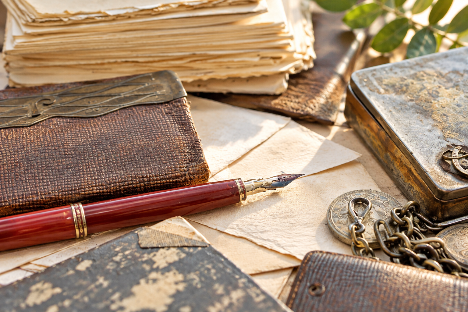 old fountain pen, notebook and paper