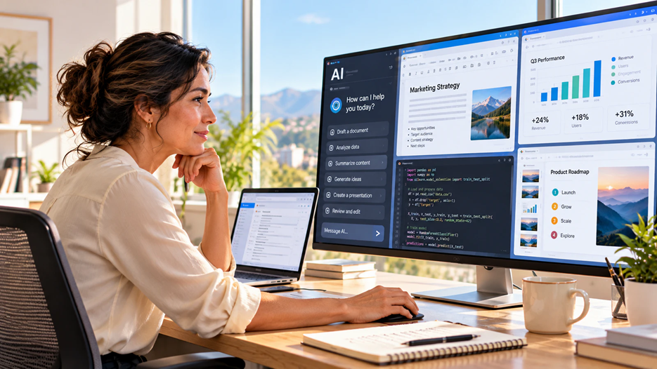 Woman using AI tools visible on a large computer monitor